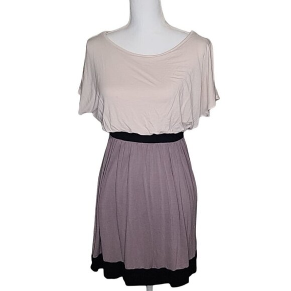 Women's Dress Knee Length LUSH Color Block Gray Cream Black Short Sleeves - Picture 1 of 7